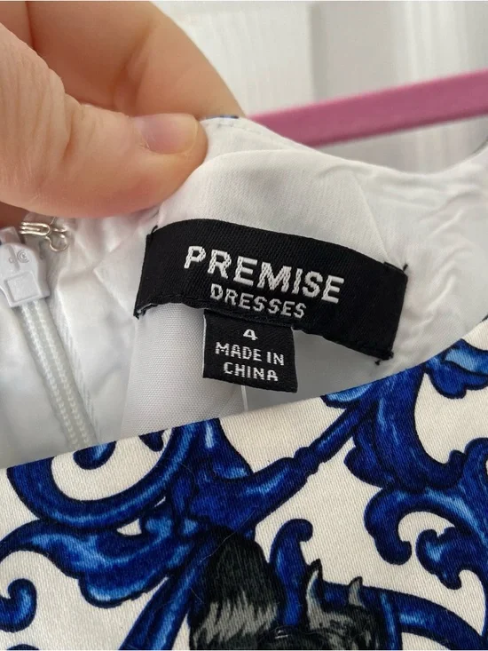 Premise Blue White Floral Damask Sheath Dress Size 4 NWT Belted Boho Career - Picture 6 of 8